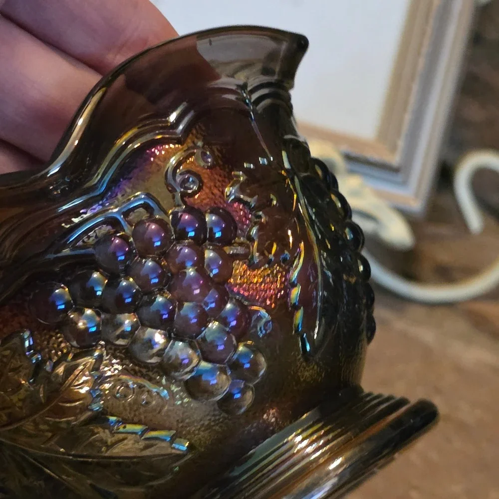 Imperial Carnival Glass Amethyst Grape and Cable Ruffled pedestal stippled bowl